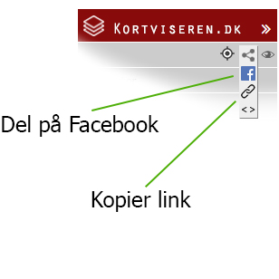 Del og kopier. Del på Facebook, Kopier link til deling, Kopier kode til indlejring.