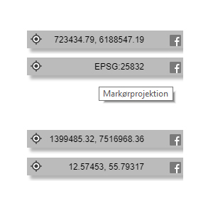 Aflæs markørens position i Kontrolpanelet. Klik for at skifte mellem UTM, Web eller Merkator projektion.