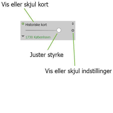 Klik på titel for at vise kortlag. Juster lagets styrke med skyderen. Klik på indstillinger for at ændre lagets blandingstilstand.